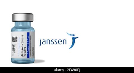 Marseille, Frankreich - 16. März 2021: Janssen, Johnson & Johnson COVID-19-Impfstoff auf Fläschchen - Banner-Design mit Kopierraum Stockfoto