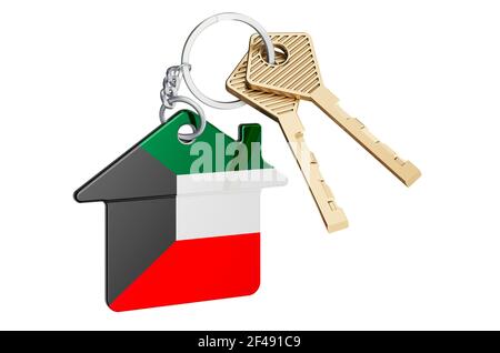 Immobilien in Kuwait. Startseite Schlüsselanhänger mit kuwaitischer Flagge. Immobilien-, Miete- oder Hypothekenkonzept. 3D Rendering isoliert auf weißem Hintergrund Stockfoto