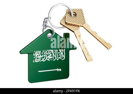 Immobilien in Saudi-Arabien. Startseite Schlüsselanhänger mit Saudi-arabischer Flagge. Immobilien-, Miete- oder Hypothekenkonzept. 3D Rendering isoliert auf weißem Hintergrund Stockfoto