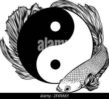 Zeichnen Sie in schwarz und weiß von Yin Yang betta splendens Fisch Vektor Illustration Kunst Stock Vektor