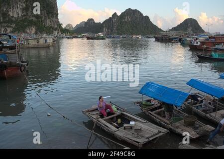 Cai Rong, Van Don Island, Vietnam - September, 2015: Fischerboote im Hafen von Cai Rong in der Ha Long Bay - UNESCO-Weltkulturerbe Stockfoto