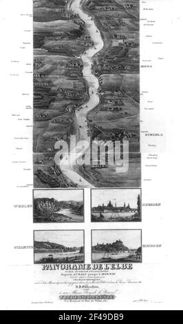Carl Heinrich Beichling (1803-1876). Panorama der Elbe, 1831. Drucken Sie Erneut 1993,1994. Ausschnitt Elbpanorama Hirschstein - Ende (Strehla), Wanderortblick, Pillnitz, Dresden und Meißen. Dresden Slub S.B. 2221 Stockfoto