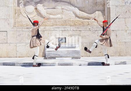 Evzone Soldaten, die Wachablösung, Athen, Griechenland, Europa, Stockfoto