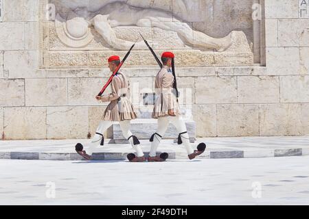 Evzone Soldaten, die Wachablösung, Athen, Griechenland, Europa, Stockfoto