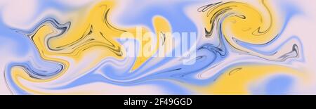 Dekorativer Hintergrund mit abstrakten Mustern dominanter blauer und gelber Farben. Flüssige Malerei abstrakte Textur, Kunsttechnik. Eine bunte Kombination Stockfoto