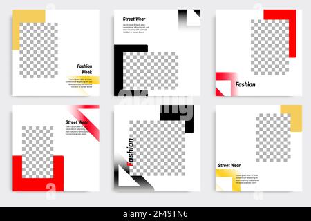 Editierbare moderne minimal quadratische Banner-Vorlagen. Gelbe, rote, schwarze und weiße Hintergrundfarbe mit verlaufter Dreiecksform. Geeignet für soziale Medien Stock Vektor