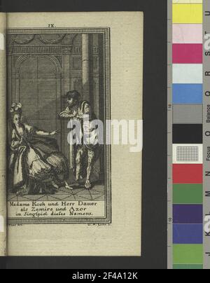 Liebe, Gottlob August an Kraus, Georg Melchior: Christiane Henriette Koch und Johann Ernst Dauer als Zemire und Azor im gleichen Singspiel von Grétry mit Arien von Joseph Schubert, Text an J. F. Marmontel. Kupferstich; 10,7 x 7 cm (Blattgröße). Abb. V Off: Theaterkalender, über das Jahr 1777. Hrsgg. Von Heinrich August Ottokar Reichard. Gotha, Carl Wilhelm Ettinger. Dresden: Slub Dramat,234 Stockfoto