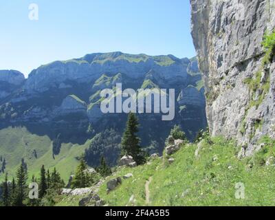 Beim Absteigen vom Ebenalp-Plateau erhalten Sie einige Eindrücke von der Geologie des Alpsteins. Karst und erodierter Kalkstein bilden die Landschaft Stockfoto