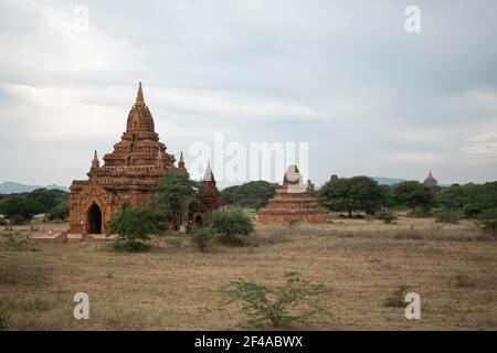 BAGAN, NYAUNG-U, MYANMAR - 2. JANUAR 2020: Einige alte und historische buddhistische Tempel an einem trockenen Feld zwischen den Bäumen Stockfoto