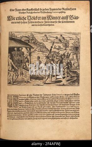 Harriot, Thomas: Ein Brief und wahrer Bericht über das neu gefundene Land von Virginia. Skurrile, aber wahrheitsgemäße Erklärung der Gelegenheit und Moral von Wild in Virginia. Franckfort am Mayn: De Bry, 1600th Dresden: Slub Geogr.b,19-1 wie mehrere Völker im Winter leben Bäume und hohe Felsen / item was sie für Zeremonien mit den Verstorbenen halten Stockfoto