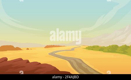 Illustration der heißen Wüstenlandschaft mit Bergkette und Straße Stock Vektor