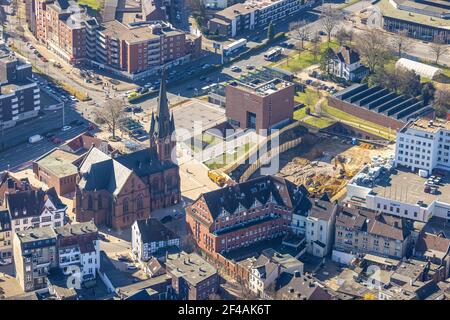 Luftaufnahme, Neubau Baustelle Europagarten, Europaplatz, Kreuzkirche, LWL-Museum für Archäologie, Herne-Mitte, Herne, Ruhrgebiet, Stockfoto