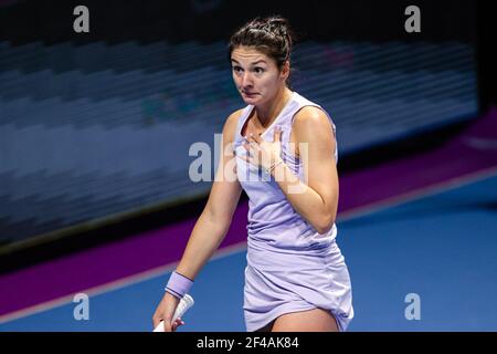 ST. PETERSBURG, RUSSLAND - 19. MÄRZ: Margarita Gasparyan von Russland während ihres Spiels gegen Ekaterina Alexandrova von Russland während des Viertelfinals der St. Petersburg Ladies Trophy 2021, WTA 500 Tennisturnier in der Silbur Arena am 19. März 2021 in St. Petersburg, Russland (Foto: Anatolij Medved/Orange Pictures) Stockfoto