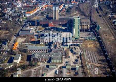 Luftaufnahme, ehemalige DSK Lippe Mine, Egonstraße, Westerholt Kolonie, Stadtgrenzen Gelsenkichen, Hassel, Gelsenkirchen, Ruhrgebiet, Nordrhein-Westph Stockfoto