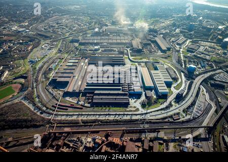 Luftaufnahme, , thyssenkrupp Steel Europe - Warmbandwerk 1, Marxloh, Duisburg, Ruhrgebiet, Nordrhein-Westfalen, Deutschland, DE, Europa, Industrie Stockfoto