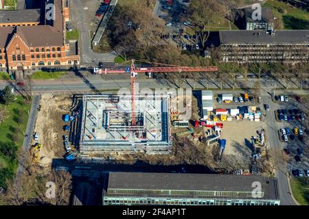 Luftaufnahme, , Baustelle Neubau auf dem Verwaltungsgelände thyssenkrupp Steel Europe AG, Bruckhausen, Duisburg, Ruhrgebiet, Nord R Stockfoto