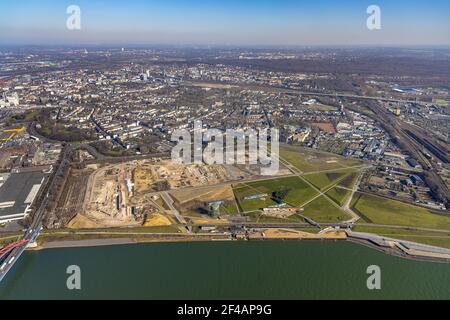 Luftbild, , Abriss des Drahtwalzwerks für den Neubau des RHEINORT-Viertels, Baustelle Rheinpark Duisburg, Wasserturm Ho Stockfoto