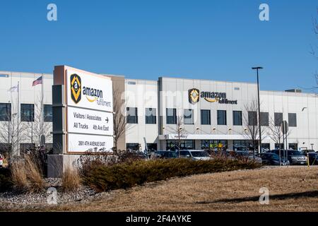 Shakopee, Minnesota. Amazon Versandzentrum. Es ist der zweitgrößte private Arbeitgeber in den Vereinigten Staaten und einer der weltweit wertvollsten CO Stockfoto