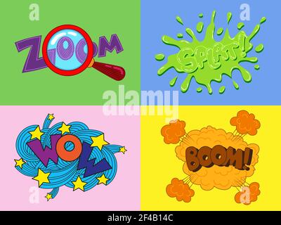 Set von сomic Cartoon Sound Effekte Zoom, wow, Splat, Boom Stock Vektor