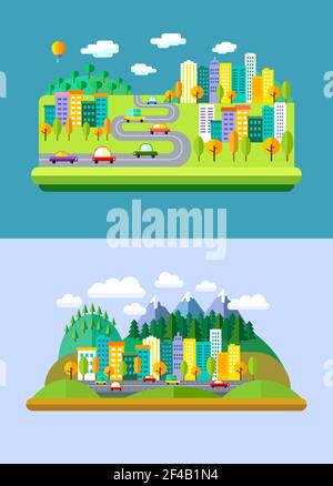 Vektor flache Landschaft mit Bergen und Wald, Hügel, Straße, Autos, Wolkenkratzer, Ballon gesetzt Stock Vektor