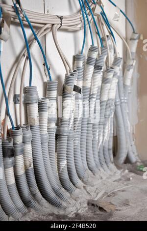 Verkabelung im Kabel- oder mdf-Schrank. Einrichtung von privaten Telekommunikations-Netzwerk-Kabel mit einzelnen Wohnungen in Strata Gebäude verbinden. Selektiver Fokus w Stockfoto