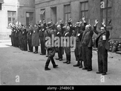 Warschauer Ghetto-Aufstand: Foto der Verhaftungen der jüdischen Abteilungsleiter der Brauer Helmfabrik durch SS-Truppen ca. 24. April 1943. Der Brauer-'Shop' von Herman Brouer, der Helme für die deutsche Armee fertigte, befand sich in der Nalewki 28-38 Straße und beschäftigte 2 Tausend Menschen.[3] Ihre Arbeiter waren wahrscheinlich die letzten Juden, die aus dem Ghetto deportiert wurden. Mit dem Ausbruch des Aufstands am 19. April 1943 versprach Hermann Brauer den jüdischen Arbeitsverwaltern, die nicht untergetaucht waren, den Betrieb der Fabrik fortzusetzen und bat sie, zur Arbeit zu kommen. Diese Manager erhielten spezielle tra Stockfoto