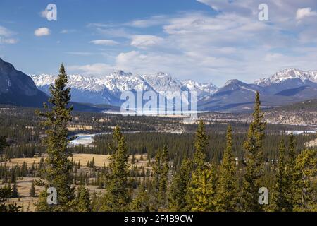 Landschaftlich Schöner Luftblick Kootenay Plains Ecological Reserve, Abraham Lake Rocky Mountain Peak Range Horizon. Sonniger Frühling Tageslandschaft Kanadische Rockies Stockfoto