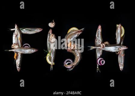 Kreatives Layout aus Fisch. Fischfutter-Konzept. Flach liegend. Draufsicht Stockfoto