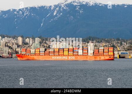 Hamburg Süd CAP SAN ANTONIO Containerschiff mit voller Ladung im Hafen von Vancouver. Vancouver, Kanada. Stockfoto