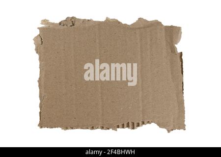 Zerrissenes Stück Pappe isoliert auf weißem Hintergrund. Karton mit abgerissenen Kanten, Draufsicht. Stockfoto