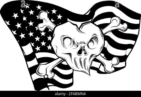 Zeichnen Sie in schwarz und weiß aus Gold Skull und Flagge usa. Vektorgrafik. Stock Vektor