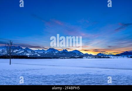 Gefrorener Hopfensee im Winter, bei Hopfen am See, Allgau, Schwaben, Bayern, Deutschland, Europa Stockfoto