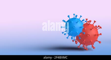 Covid-19 und Coronavirus-Mutation 2021 Konzept: Eine 3d-Render-rote und blaue Bakterienzelle, die zusammenkommt. Neuer Stamm bei der menschlichen Influenza. Stockfoto