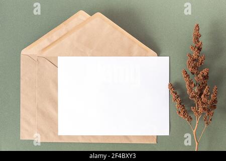 Weiße leere Karte, Handwerk Umschlag und trockene Blumen Pflanzen auf grünem Hintergrund. Draufsicht Flat Lay Mockup Kopierbereich. Stockfoto