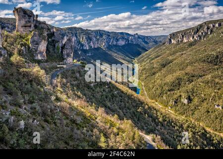 Gorges du Tarn, vom Aussichtspunkt in der Nähe von Schloss Blanquefort, auf Causse Mejean Plateau, Massif Central, Lozere Department, Region Okzitanien, Frankreich Stockfoto