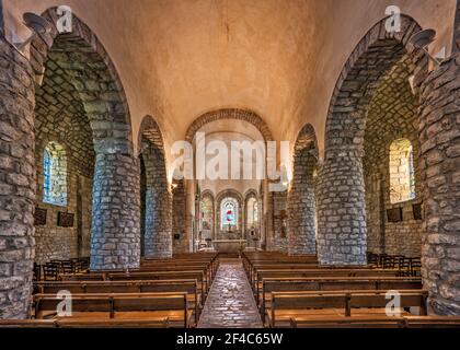 Innenraum von Saint-Sauveur, Kirche aus dem 11th. Jahrhundert im Kloster, Dorf von Le Rozier, Gemeinde im Département Lozere, Region Okzitanien, Frankreich Stockfoto