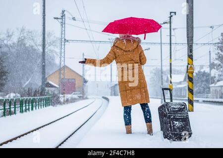 Frau wartet am Bahnhof auf einen verspäteten Zug während des Schneesturms. Stockfoto