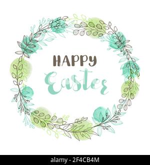 Grußkarte für Ostern mit Blumenrahmen. Handgezeichnete Vektorgrafik mit Ast, Blättern und Aquarellelementen. Stock Vektor