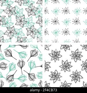 Set von dekorativen Vektor floralen nahtlose Muster mit grünen und schwarzen Blumen auf weißem Hintergrund. Muster mit grünen und schwarzen Blüten Stock Vektor
