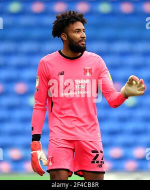 Leyton Orient Torwart Lawrence Vigoroux während des Sky Bet League Two Spiels im Cardiff City Stadium, Cardiff. Bilddatum: Samstag, 20. März 2021. Stockfoto