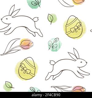 Hand gezeichnet doodle Ostern nahtlose Muster mit Hasen, Eier und Tulpen auf weißem Hintergrund Stock Vektor