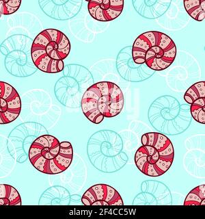 Marine nahtlose Muster mit Muscheln auf einem grünen Hintergrund. Handgezeichnete Vektorgrafik. Marine nahtlose Muster mit Muscheln Stock Vektor