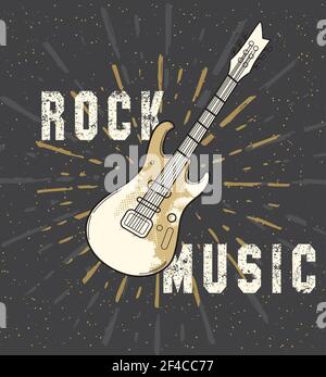 Grunge-Rockmusik-Poster mit Gitarre auf schwarzem Hintergrund. Vektorgrafik... Rockmusik-Poster Stock Vektor