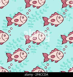 Marine nahtlose Muster mit Fisch und Luftblasen auf einem grünen Hintergrund. Handgezeichnete Vektorgrafik. Marine nahtlose Muster mit Fisch Stock Vektor