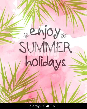 Sommer tropischen Hintergrund mit grünen Palmblättern und rosa Aquarell Textur. Vektorgrafik. Rosa Sommer tropischen Hintergrund Stock Vektor