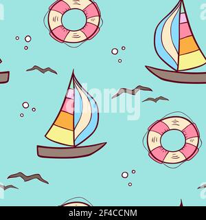 Doodle nahtloses Muster mit Segelschiff und Rettungsboje auf grünem Hintergrund. Vektorgrafik... Muster mit Segelschiff und Rettungsboje Stock Vektor