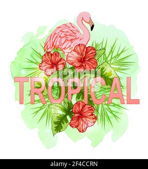 Sommer tropischer Hintergrund mit roten Blumen und rosa Flamingo. Handgezeichnete Vektorgrafik mit grüner Aquarell-Textur. Rosa Flamingo und rote Blumen Stock Vektor