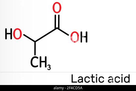 Milchsäure, Laktat, Milchzucker, C3H6O3-Molekül. Es ist Lebensmittelzusatzstoff E270 und Alpha-Hydroxy-Säure AHA. Chemische Formel des Skeletts. Abbildung Stockfoto