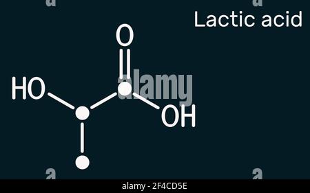 Milchsäure, Laktat, Milchzucker, C3H6O3-Molekül. Es ist Lebensmittelzusatzstoff E270 und Alpha-Hydroxy-Säure AHA. Skelett chemische Formel auf dem dunkelblauen Bac Stockfoto