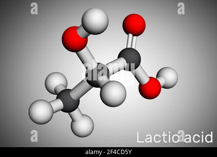 Milchsäure, Laktat, Milchzucker, C3H6O3-Molekül. Es ist Lebensmittelzusatzstoff E270 und Alpha-Hydroxy-Säure AHA. Molekularmodell. 3D Rendern. 3D Abbildung Stockfoto